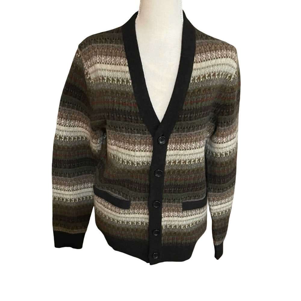 Mens Unisex J Crew Wool Fair Isle Cardigan Sweater Small brown V neck stripe tan - Picture 7 of 16